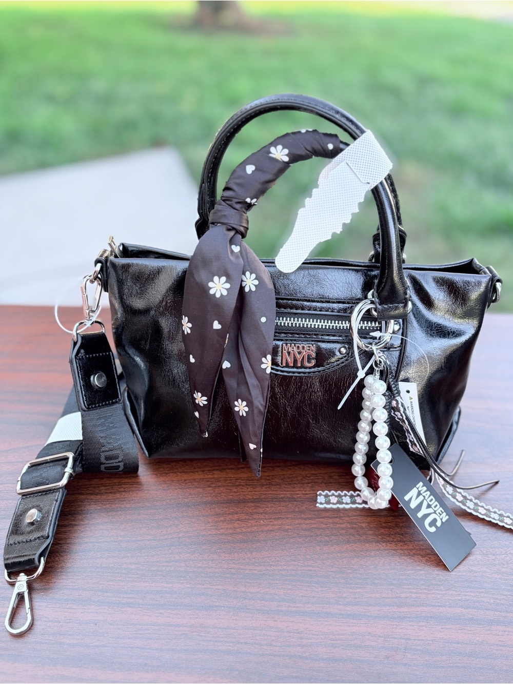 Madden NYC Black Patent Small Satchel Crossbody Pearl Charm Scarf NWT